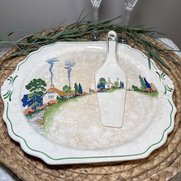 Harker Other - Harker Hotoven Chinawear Pottery Thatched Cottage Platter Cake Plate and Server